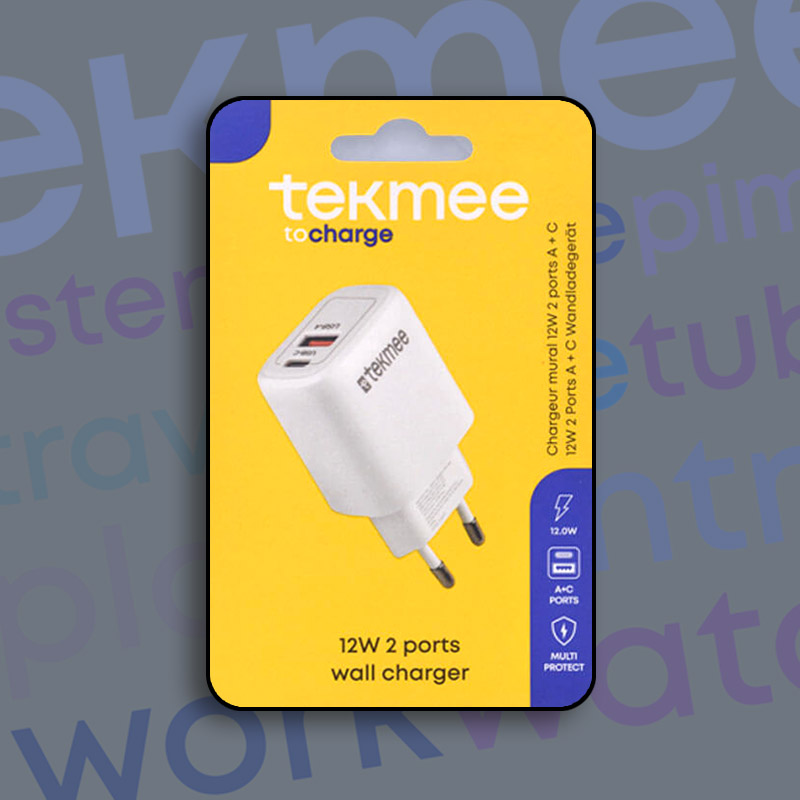 TEKMEE 12W 2-PORTS TYPE-C + USB WHITE WALL CHARGER