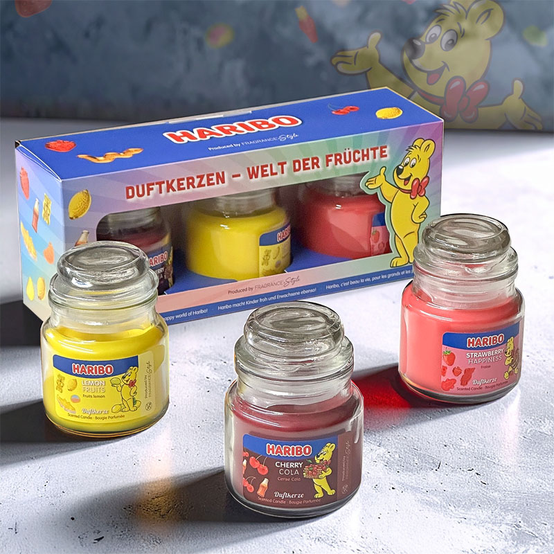 HARIBO SCENTED CANDLES GIFT SET - LEMON FRUITS, CHERRY COLA & STRAWBERRY HAPPINESS 3x85g