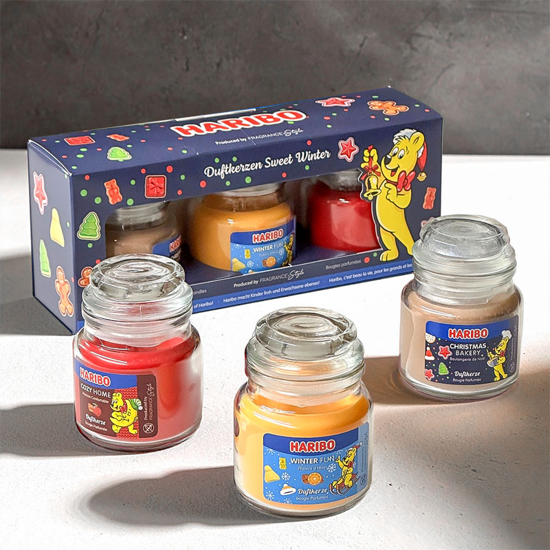 HARIBO SCENTED CANDLES GIFT SET SWEET WINTER - CHRISTMAS BAKERY, WINTER FUN & COZY HOME 3x85g
