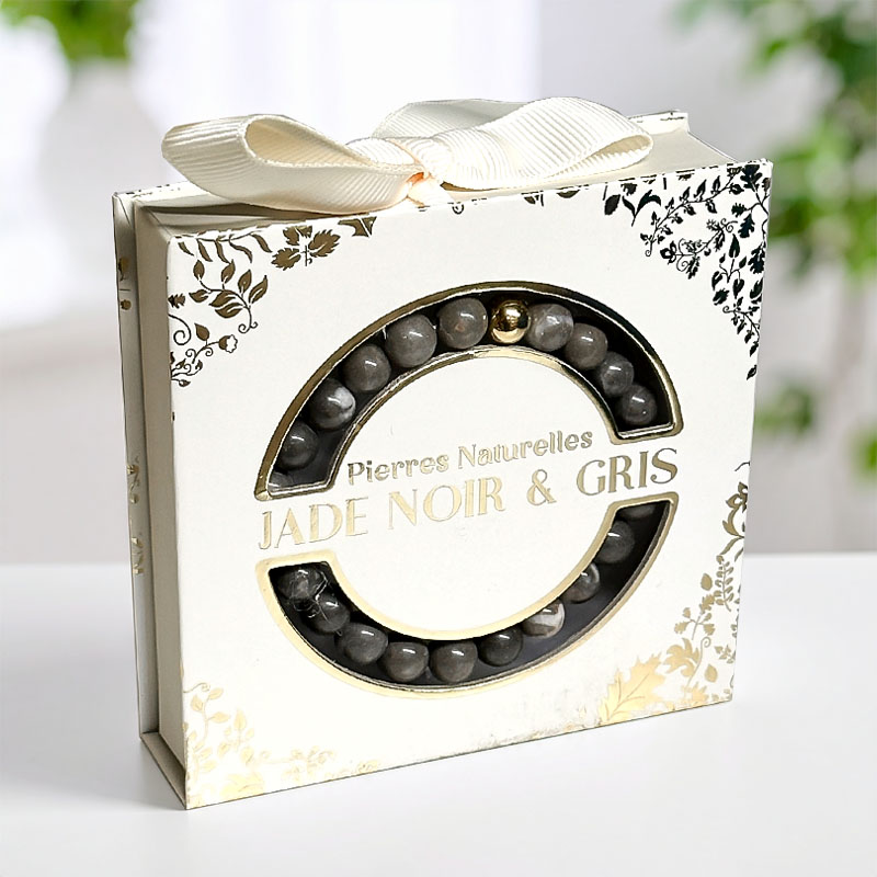 BRACELET PIERRE NATUREL ACIER JADE NOIR ET GRIS