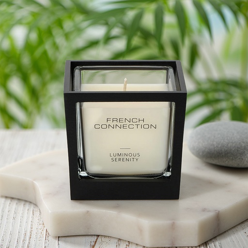 [FCC002BS] FRENCH CONNECTION BLACK WOODEN SURROUND CANDLE LUMINOUS SERENITY 220G SMALL