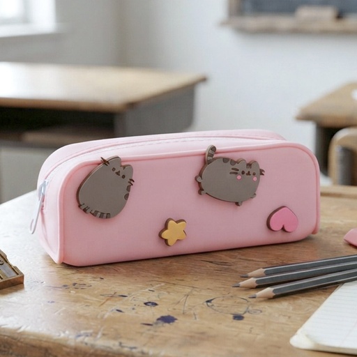 [00021935] PENCIL CASE SILICONE PUSHEEN THE CAT 'HEARTS & STARS'