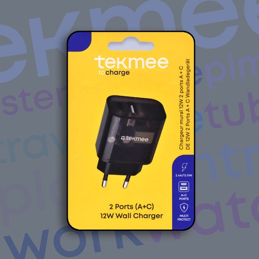 [41430304] TEKMEE 12W 2-PORTS TYPE-C + USB TRANSPARANT WALL CHARGER