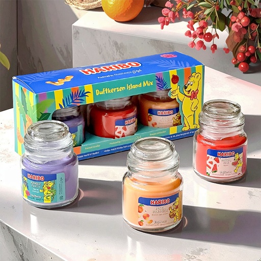[80100503] HARIBO SCENTED CANDLES GIFT SET ISLAND - JUNGLE PARTY, MELON MIX & PEACH PARADISE 3x85g