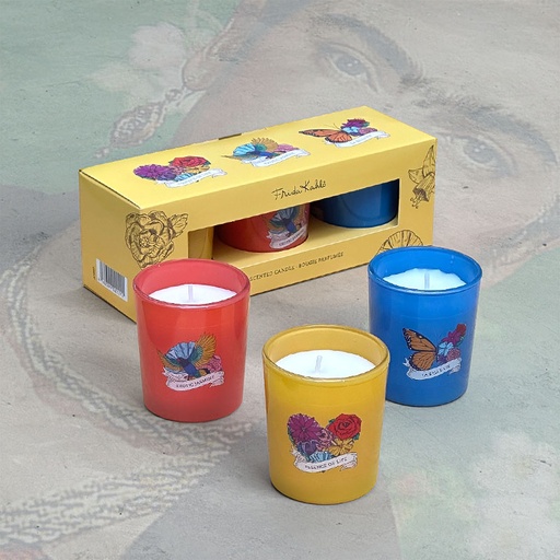 [80100621] FRIDA KAHLO SCENTED CANDLES GIFT SET - LA BELE VIE, EXOTIC JASMINE & ESSENCE OF LIFE 3x70g